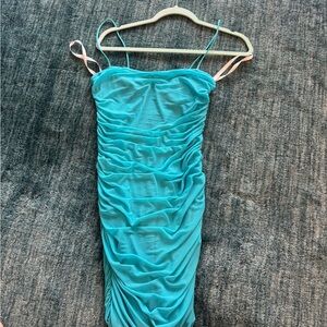 Superdown Blue Ruched Spaghetti Strap Mini Dress